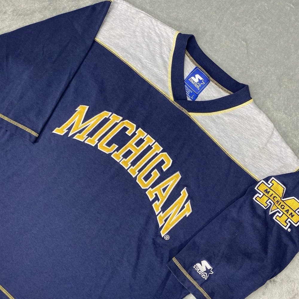 Vintage Michigan Wolverines Shirt Mens Size L Blue Grey Starter V Neck‎ Football